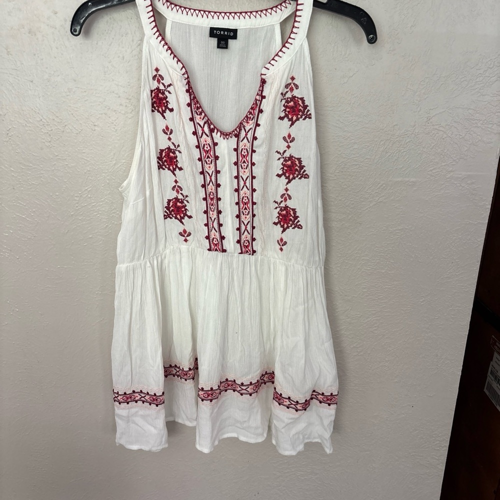 torrid White Sleeveless Top with Red Embroidery